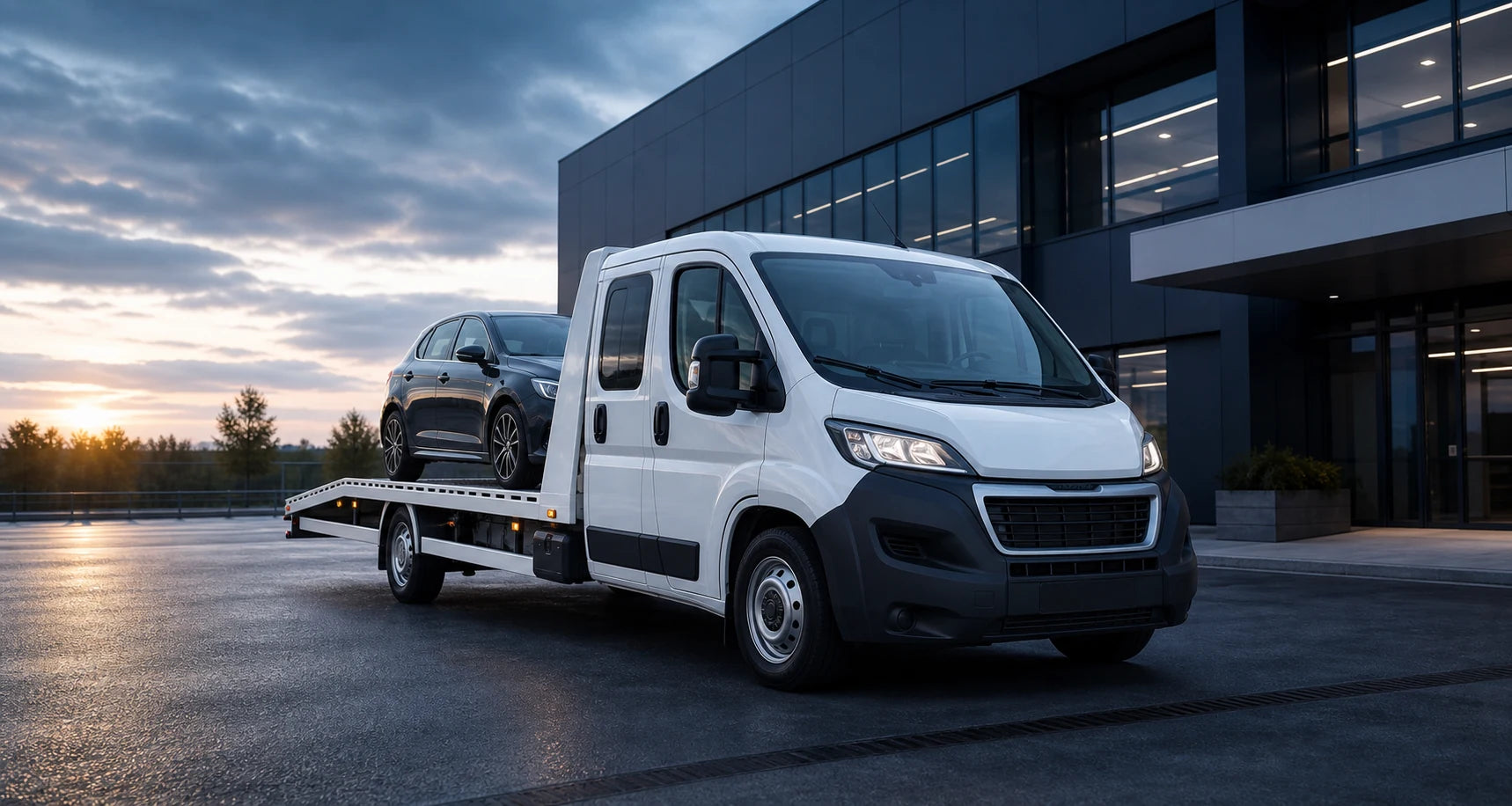 Peugeot Boxer laweta R-CAR z autem na platformie